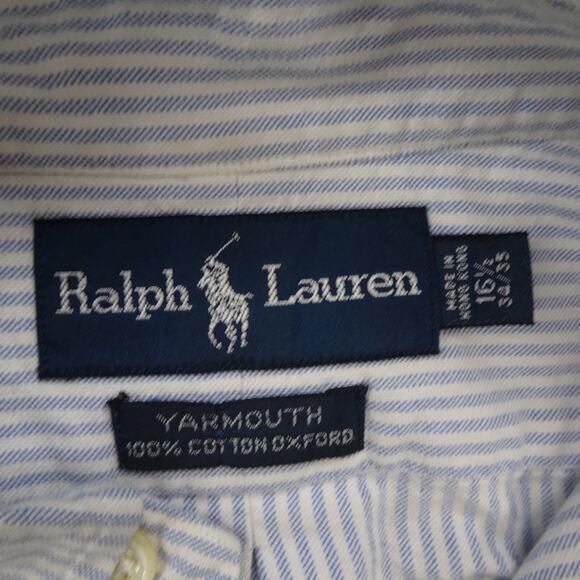 Vintage Polo Ralph Lauren Button Up Shirt Mens 16.5 34 Blue Regular Fit Striped - Picture 8 of 13